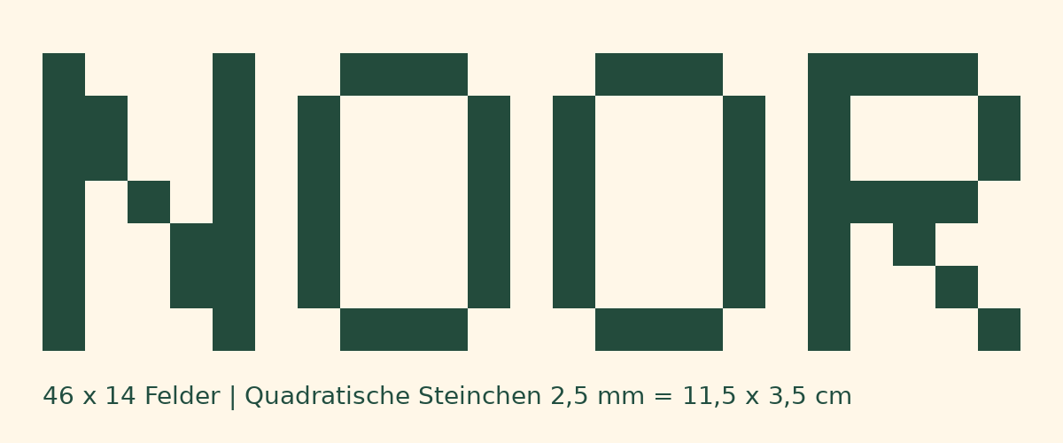 Eigenes Blockbuchstaben-Beispiel NOOR auf einem Raster von 46 mal 14 Feldern