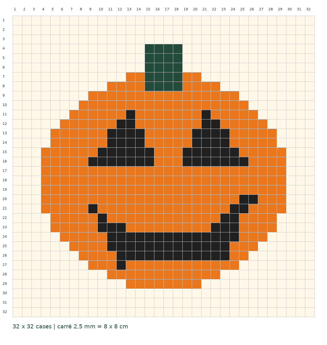 Motif de citrouille compté de 32 sur 32 cases avec numéros de lignes et de colonnes