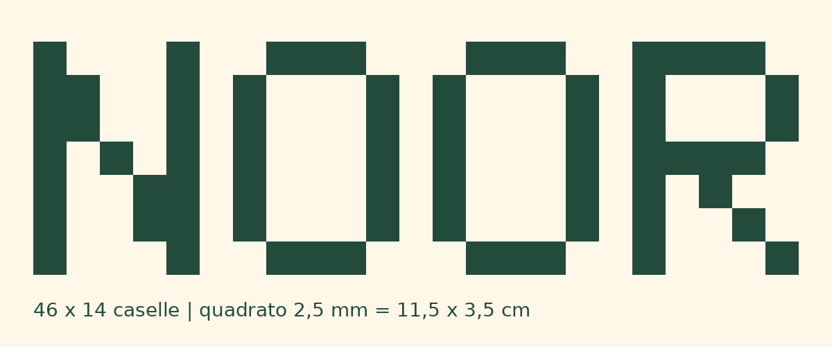 Esempio di stampatello originale NOOR su una griglia di 46 per 14 caselle