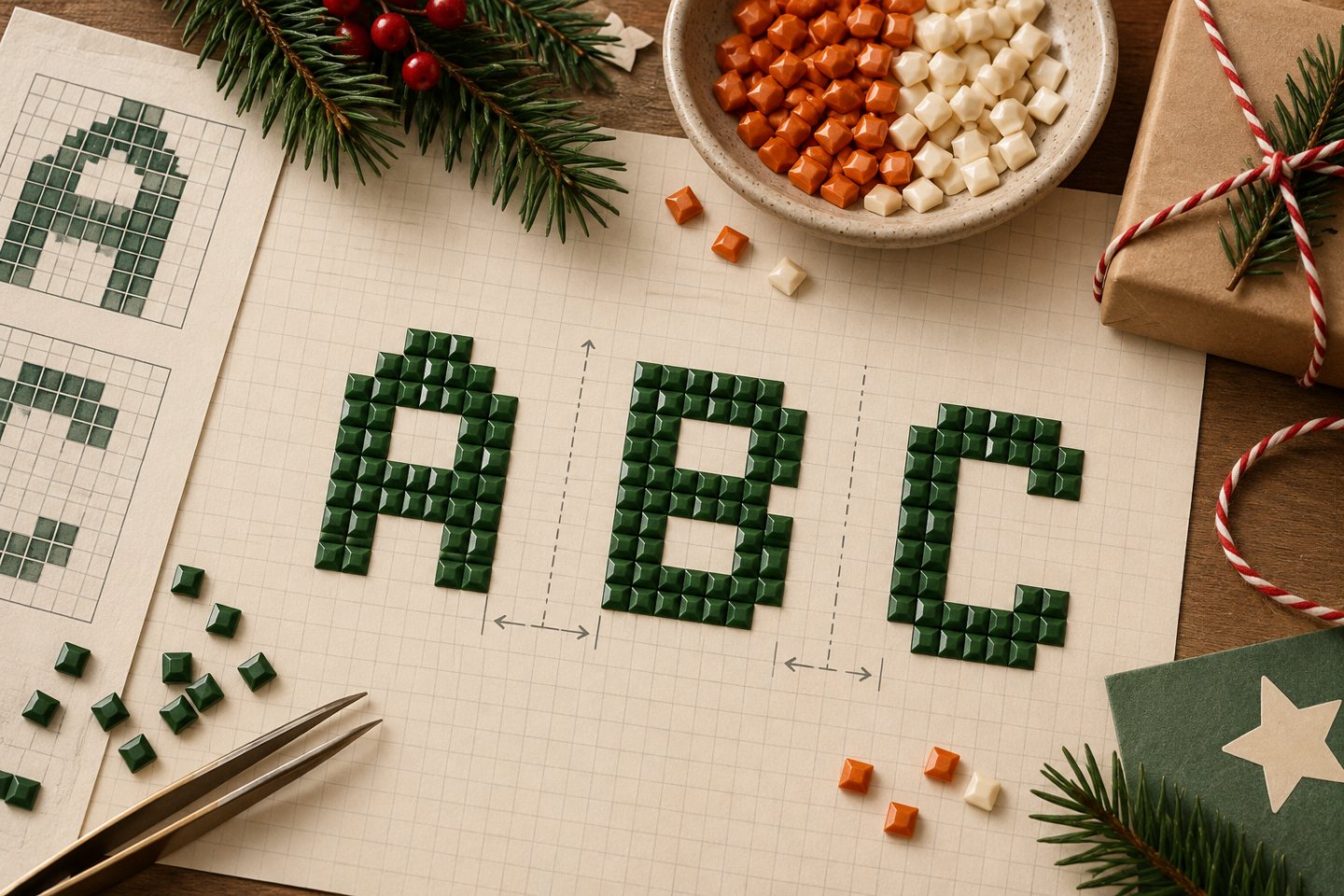 Illustration de lettres majuscules vertes sur du papier quadrillé à côté de papier cadeau