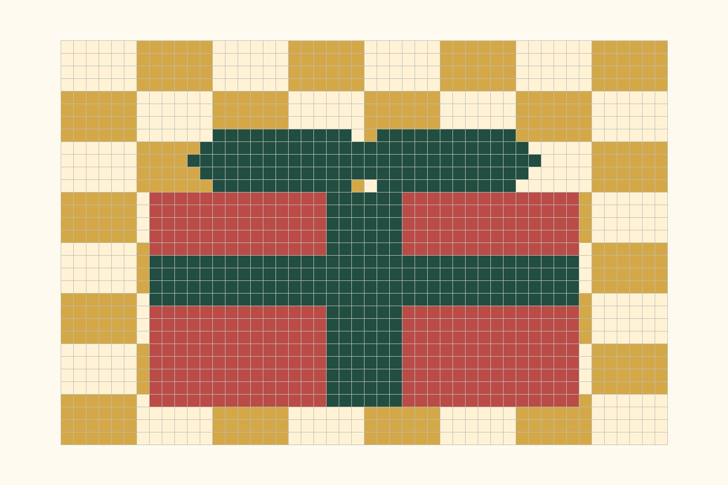Custom pixel design of a red gift with green bow on cream and yellow grid