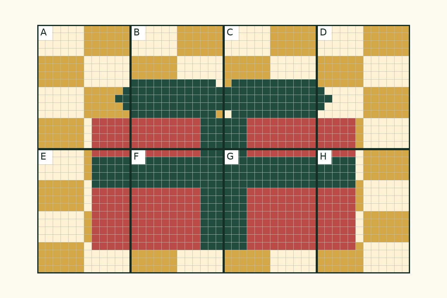 Gift grid divided into eight sections: A B C D top and E F G H bottom