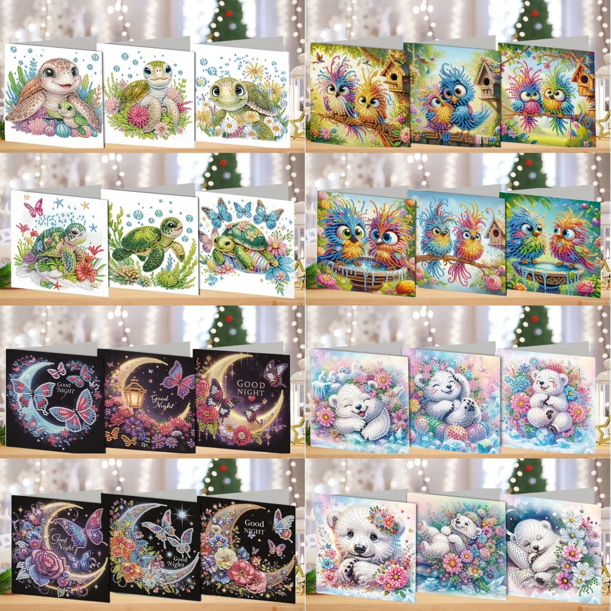 Six colourful diamond painting greeting cards with animals