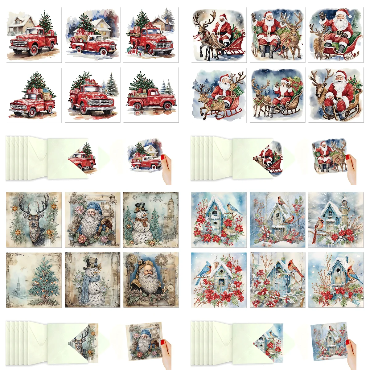 Six festive diamond painting cards with Christmas scenes
