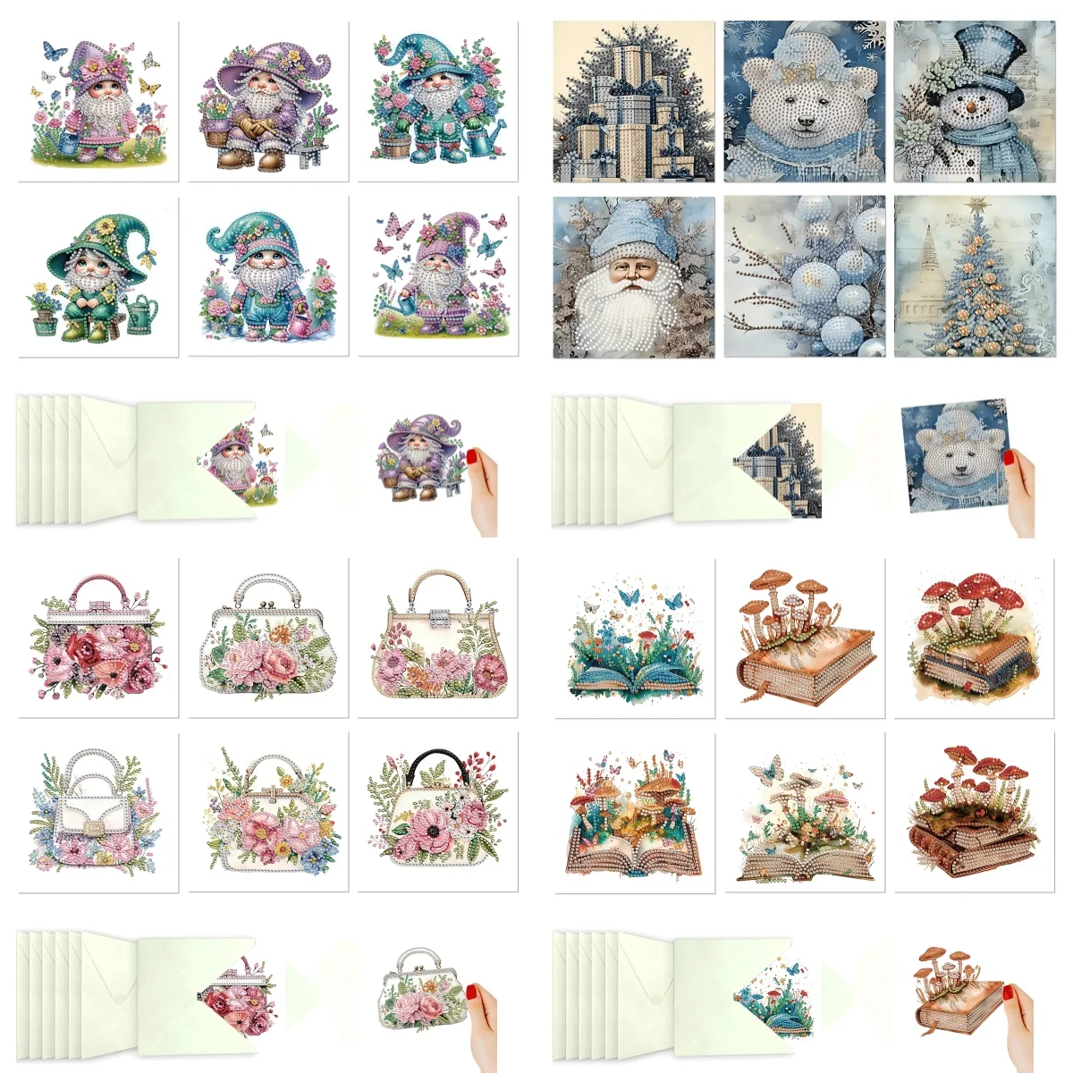 Six diamond painting Christmas cards with snowmen and gnomes
