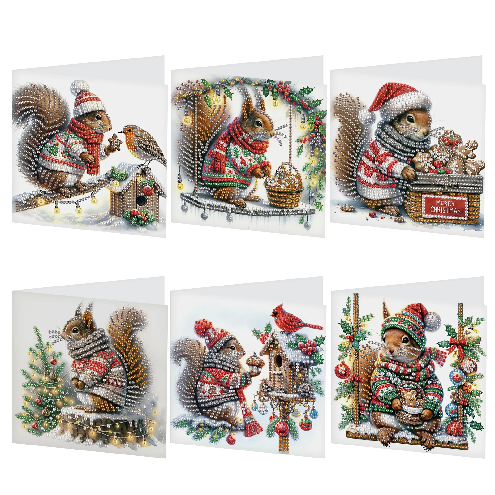 Six diamond painting Christmas cards with squirrels in winter clothing