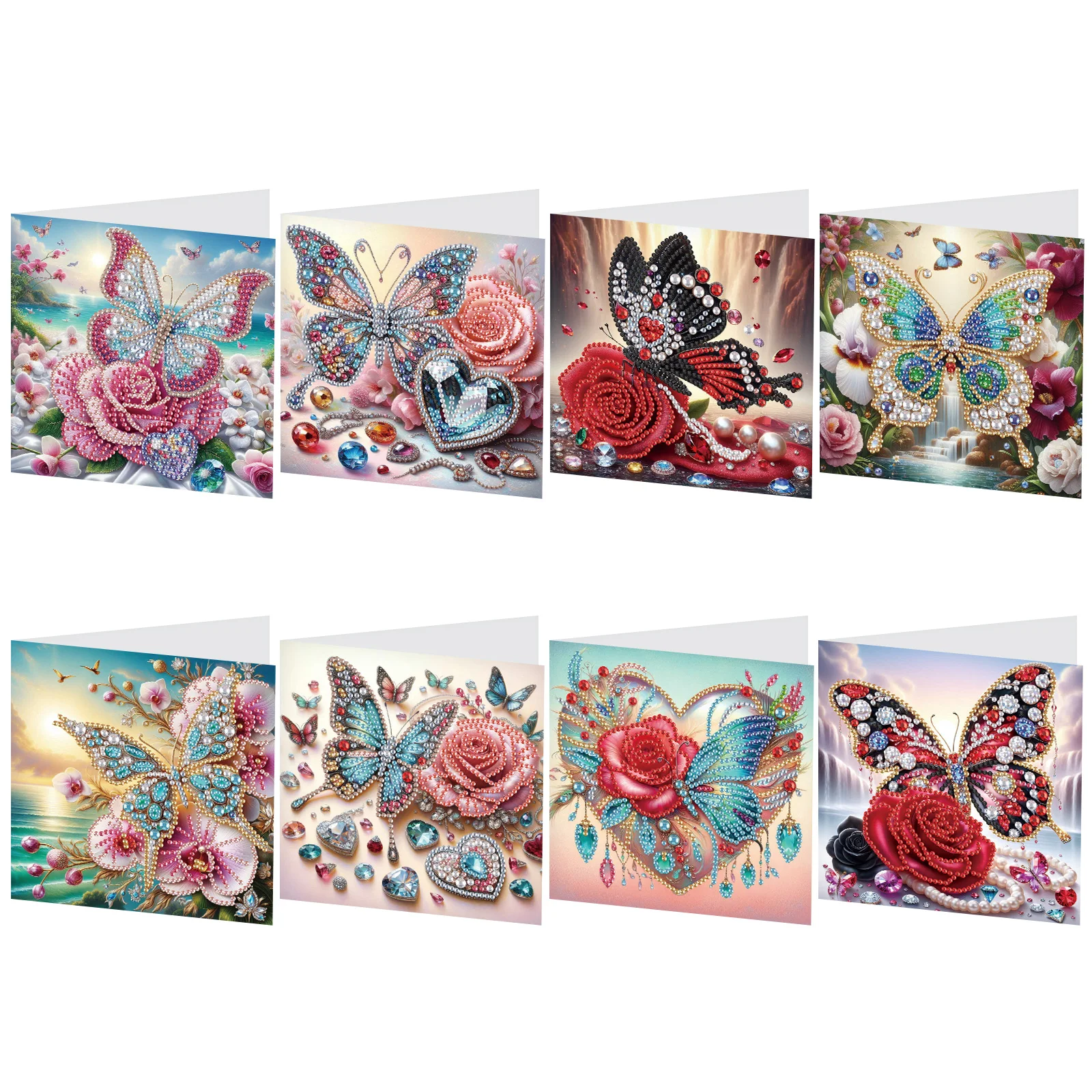 Eight diamond painting greeting cards with flowers and butterflies
