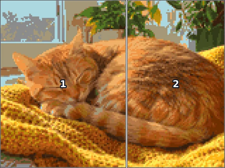 La copertina del PDF generato: il gatto rosso come schema di diamanti, diviso sulle pagine di griglia 1 e 2