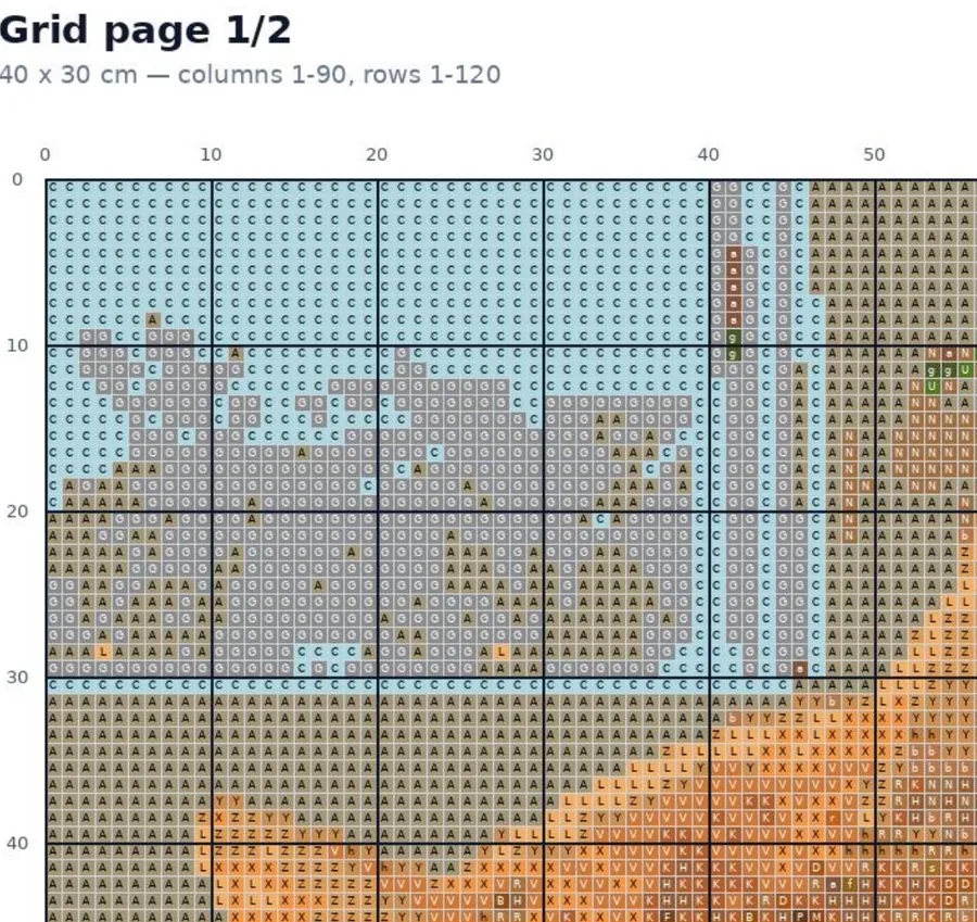 Dettaglio della pagina di griglia 1 di 2: un simbolo a lettera per diamante, numeri di righe e colonne, una linea spessa ogni 10 diamanti