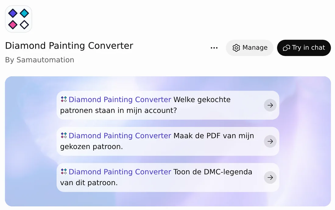 La pagina del plugin Diamond Painting Converter in ChatGPT, di Samautomation, con tre domande di esempio