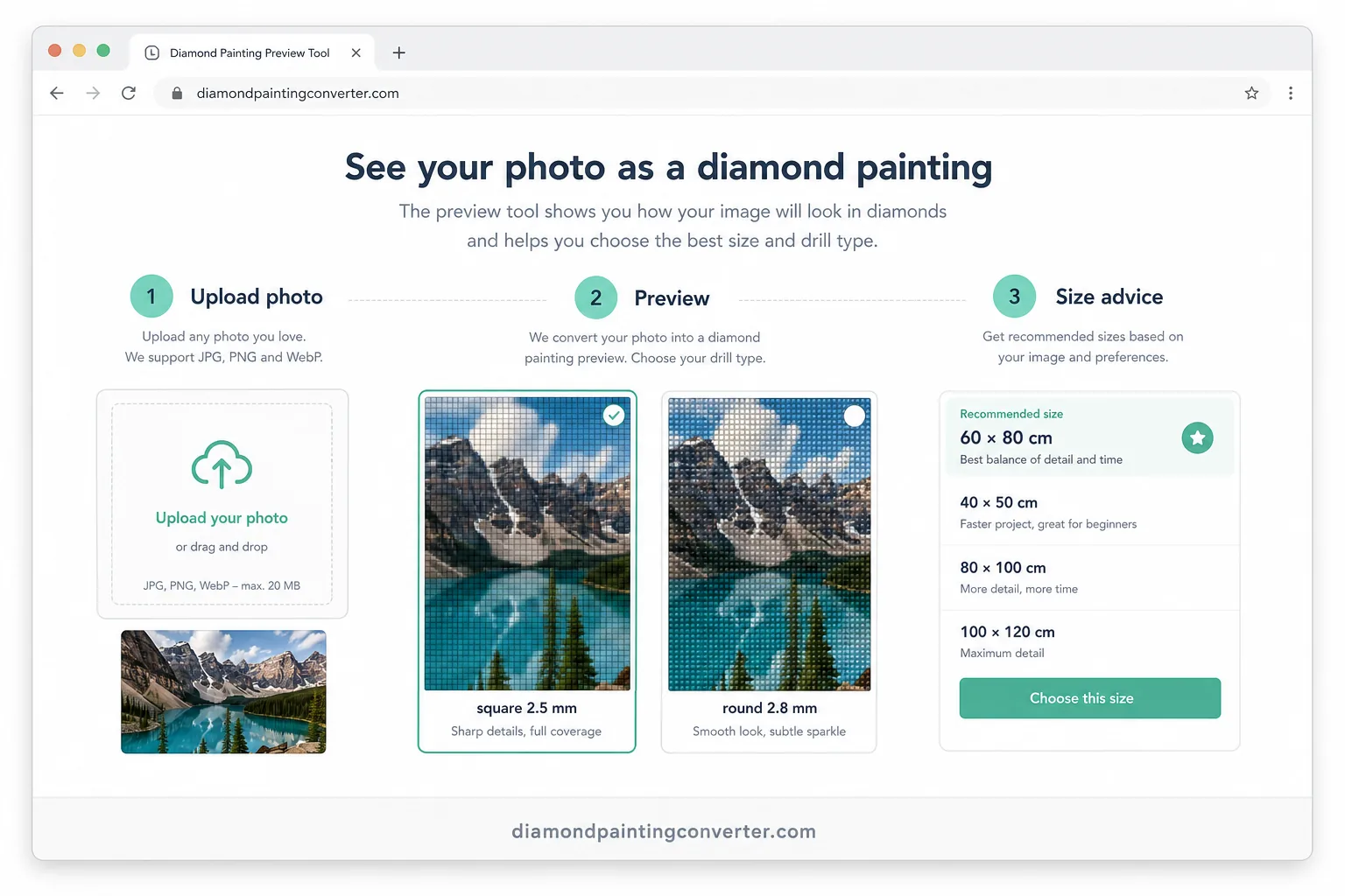 Diamond painting preview tool workflow with upload, preview and size advice