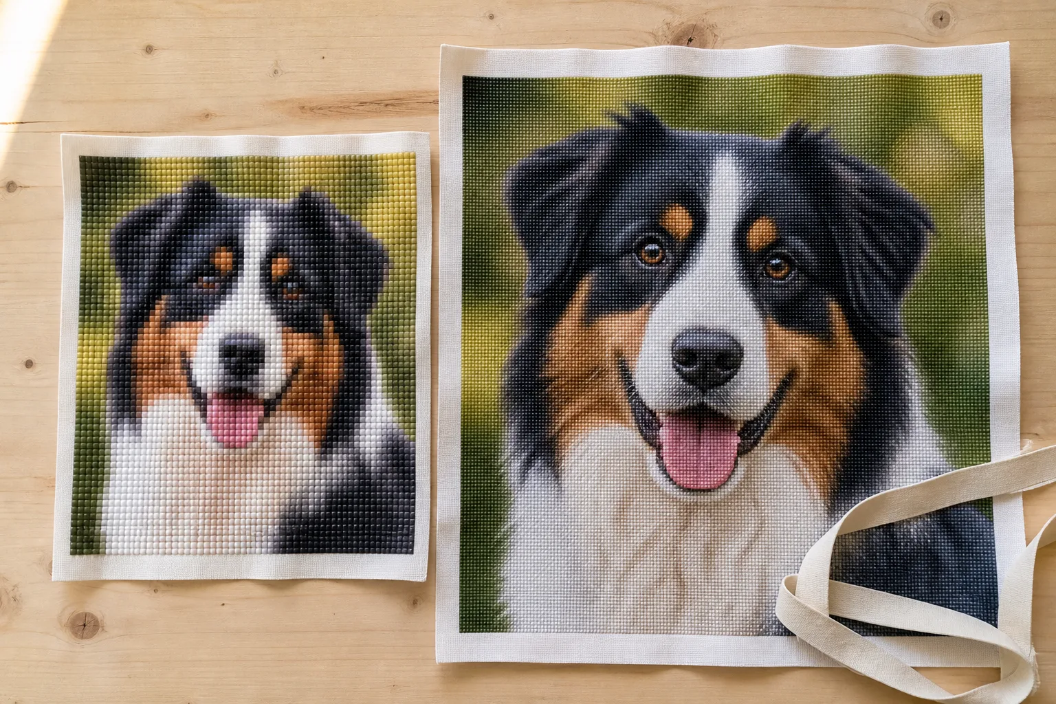 Stejný portrét psů jako dvě hotové diamond painting vedle sebe: malé plátno má hrubá hranatá políčka, velké zachovává detaily očí a srsti
